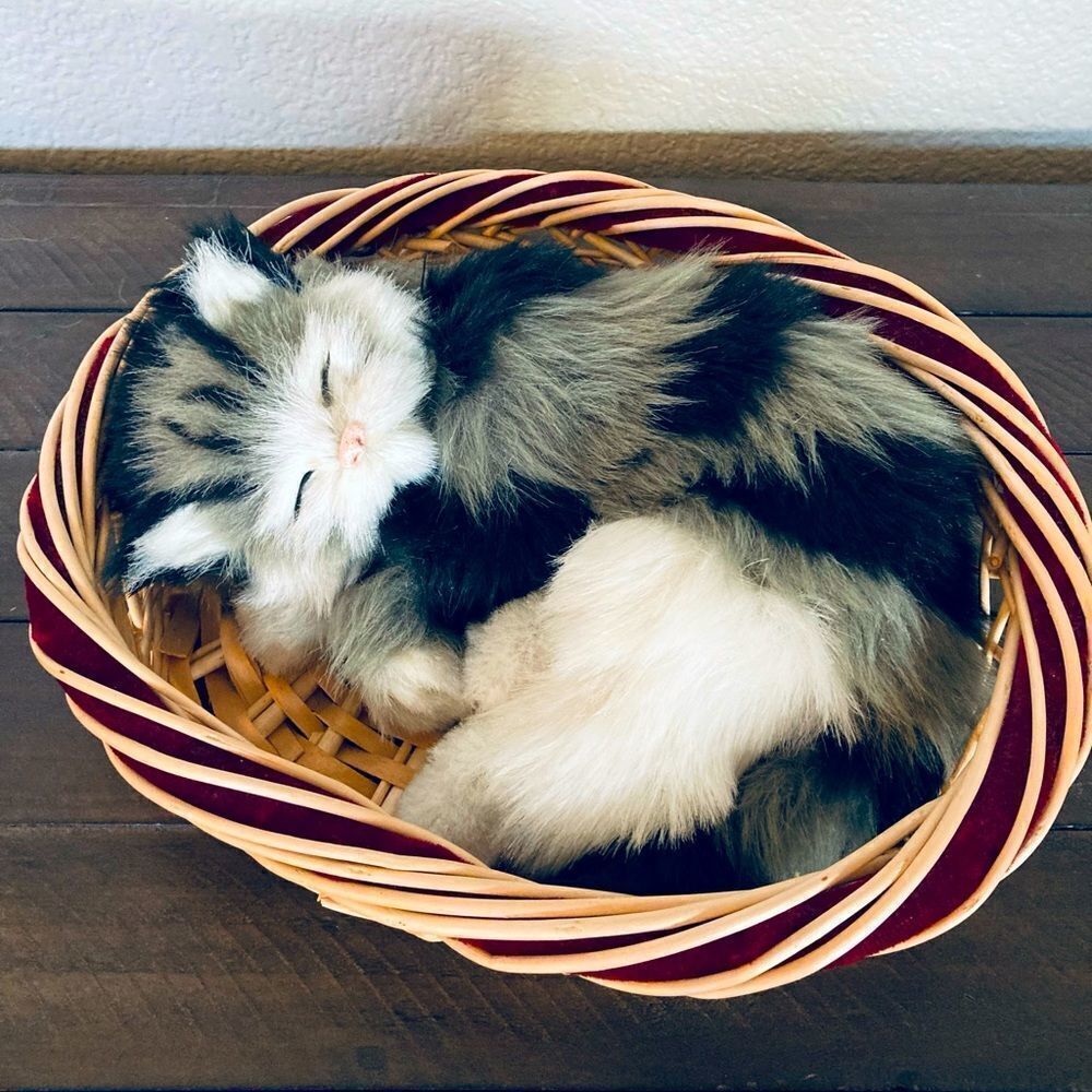 Lifelike Sleeping Kitten Cat in Wicker Basket Realistic Stuffed Animal